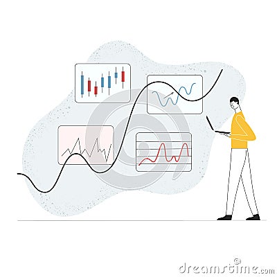 Investor in stock. Man with laptop. Chart, diagram, japanese candle. Can use for lesson, post Vector Illustration