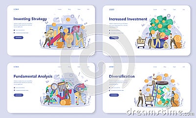 Investor web banner or landing page set. Investing stategy, fundamental Vector Illustration