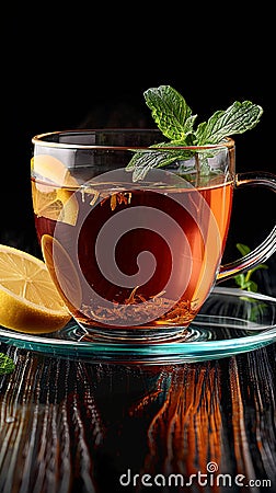 Invigorating tea composition mint, lemon garnish, isolated on black Stock Photo