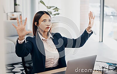 Invisible screen, hands and woman in office with virtual, tech and futuristic hologram for ai or programming work in Stock Photo