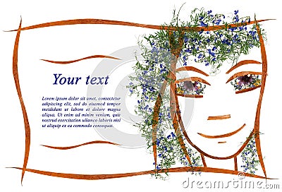 Invitation applique of of the girl`s face made of flowers and le Stock Photo