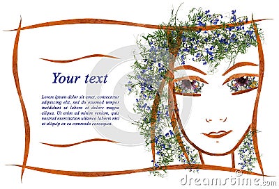 Invitation applique of of the girl`s face made of flowers and le Stock Photo