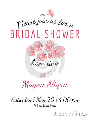 Invitation bridal shower card with cherry sakura flowers vector template Vector Illustration