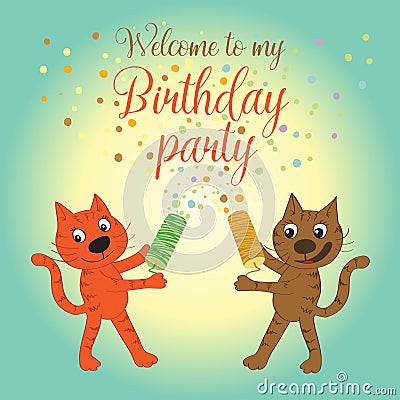 Invitation card with cats. Welcome to my birthday party Vector Illustration