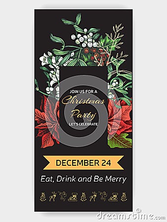 Invitation card for a Christmas party. Design template with xmas hand-drawn graphic illustrations. Greeting card with the New Year Cartoon Illustration