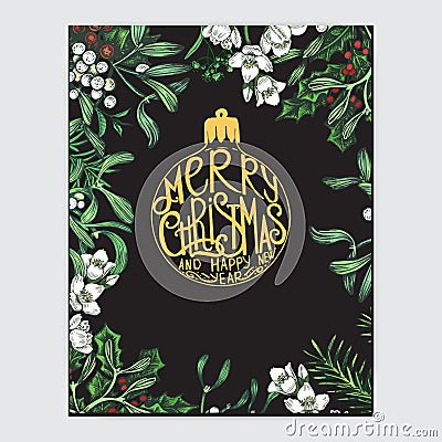 Invitation card for a Christmas party. Design template with xmas hand-drawn graphic illustrations. Greeting card with the New Year Cartoon Illustration