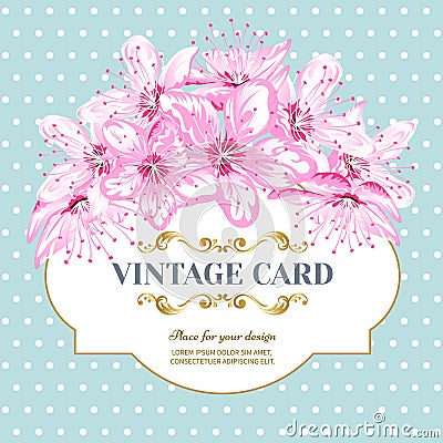 Vintage card Cherry blossom Cartoon Illustration