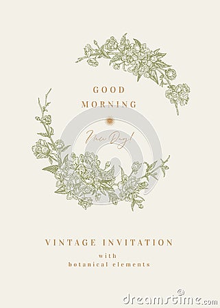 Invitation card with a green wreath Vector Illustration