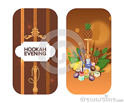 Invitation card for hookah evening concept and vector illustration on white background. Different asian, tropical fruit Vector Illustration