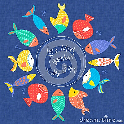 Invitation card with multicolored sea fishes Vector Illustration