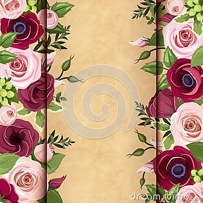 Invitation card with red and pink roses, lisianthuses and anemone flowers Vector Illustration