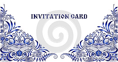 Invitation card in style of national painting on porcelain. Pattern with blue flowers and birds in the corners. Vector Illustration