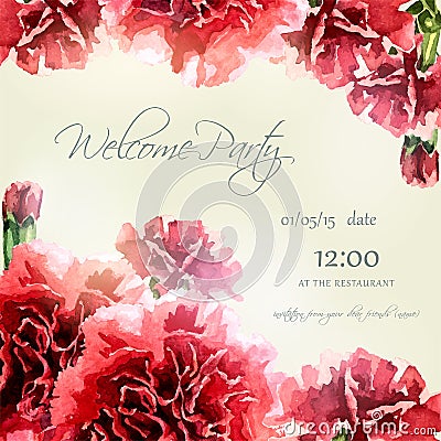 Invitation card with watercolor carnation frame Vector Illustration