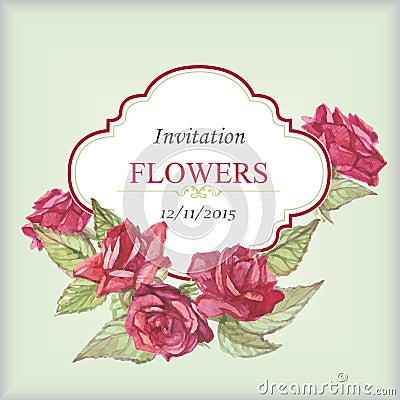 Invitation card with watercolor roses. Cartoon Illustration