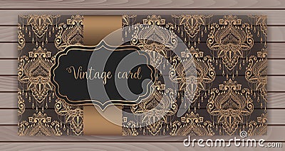 Invitation, cards with damask background. Arabesque style design. On wooden background. Business cards. Vector Illustration