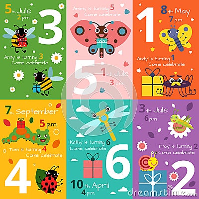 Invitation cards for kids birthday with illustrations of funny insects and bugs. Vector pictures Vector Illustration