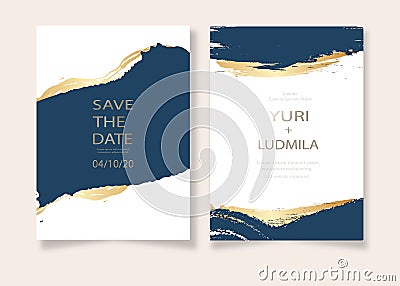 Invitation cards with luxurious gold and dark blue marble background texture and abstract ocean style vector template for wedding Vector Illustration