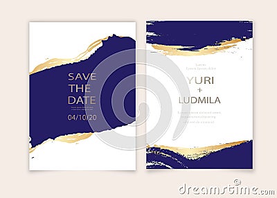 Invitation cards with luxurious gold and dark blue marble background texture and abstract ocean style vector template for wedding Vector Illustration