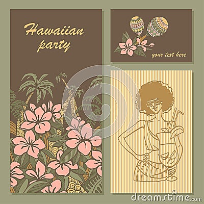 Invitation cards for a party in Hawaiian style with flowers, palm trees and girl with cocktail Vector Illustration