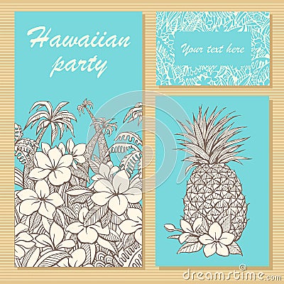 Invitation cards for a party in Hawaiian style with hand-drawn flowers, palm trees and pineapple Vector Illustration