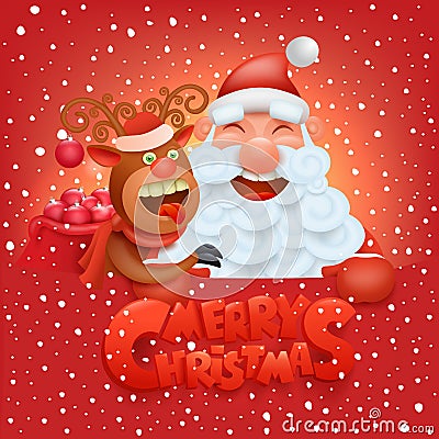 Invitation christmas card with funny santa claus and reindeer characters Cartoon Illustration