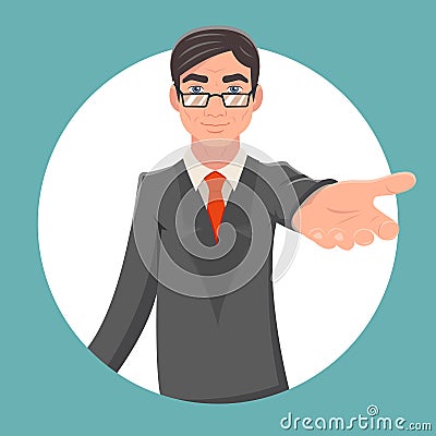 Invitation Cooperation Businessman Character Kindly Extend Hand Retro Vintage Cartoon Poster Design Vector Illustration Vector Illustration