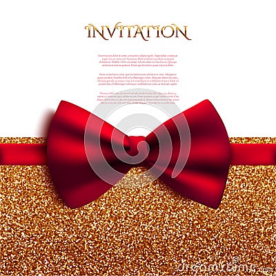 Invitation decorative card with red bow and gold shiny glitter Vector Illustration