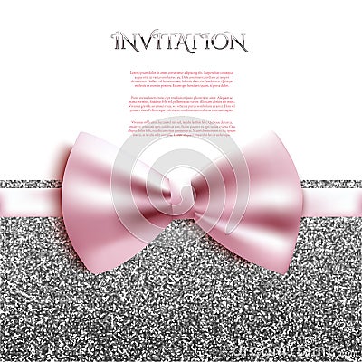 Invitation decorative card template with bow and silver glitter Vector Illustration