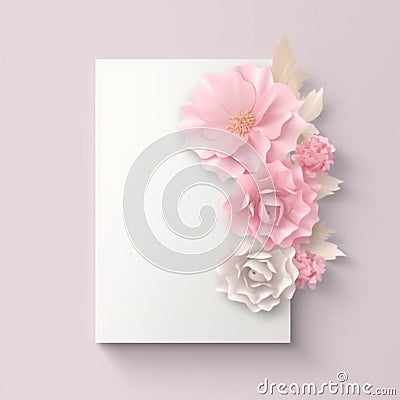Invitation design.Light pink background with blank white flat paper in the centre, lovely soft floral theme. Stock Photo