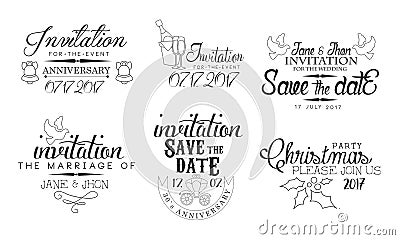 Invitation for the Event, Save the Date Monochrome Badges Set, Wedding, Christmas Party Design Element Hand Drawn Vector Vector Illustration