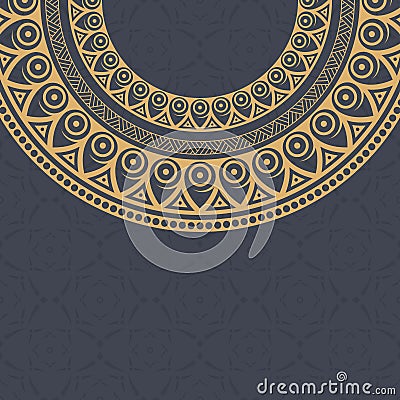 Invitation graphic card with golden color mandala, round ornament Vector Illustration