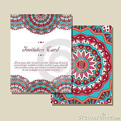 Invitation graphic card with mandala. Decorative ornament for card design wedding, bithday, party greeting. Vintage Vector Illustration