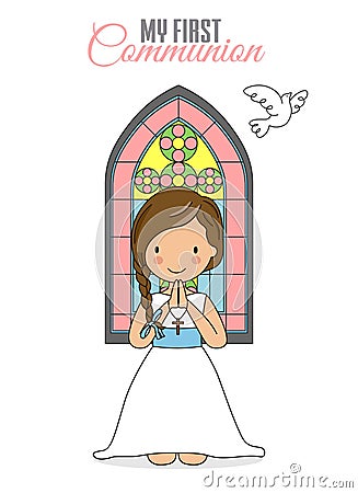 Girl praying with church window behind Vector Illustration