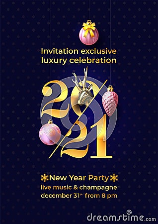 Invitation for New Year Eve celebration. Gold 2021 numbers. Elegance New Year 2021 greeting card artwork, brochure design template Cartoon Illustration