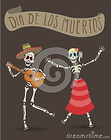 Invitation poster for Day of the Dead. Dia de los Muertos. The skeleton playing guitar and dancing. Vector Illustration. Vector Illustration