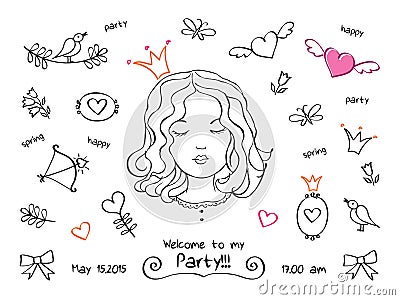 Invitation to a spring party, birthday, holiday. Party for the princesses. Vector Illustration