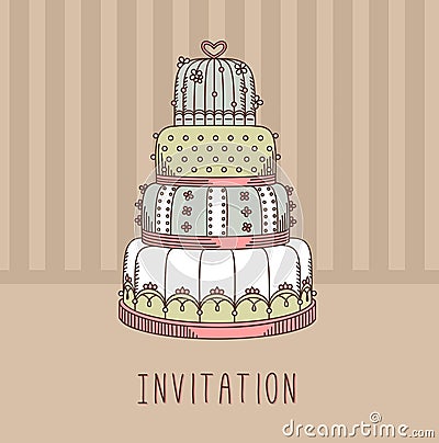 Invitation with wedding cake. Vector Illustration