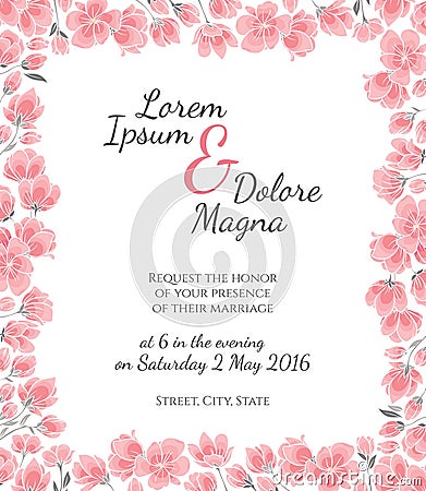 Invitation wedding card with cherry sakura flowers vector template Vector Illustration