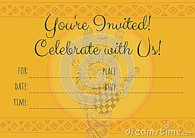 Invitation with you're invited celebrate with us text over hand pattern on yellow circle Stock Photo