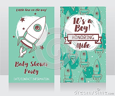 Invitations for baby shower with cute rocket Vector Illustration