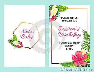 Invitations with tropical flowers, jungle leaves Vector Illustration