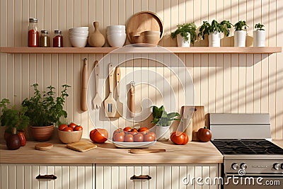 Inviting Atmosphere. Cozy Kitchenware Display on Wooden Table, Warmly Illuminated Stock Photo