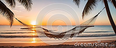 An inviting beach scene with an empty hammock strung between two palm trees. Sunset, ocean waves. AI generated Stock Photo