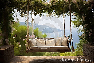 Inviting Beautiful wood swing backyard. Generate Ai Stock Photo