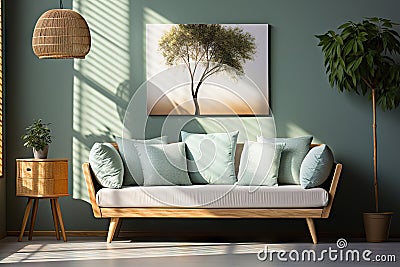 Inviting Comfort Cozy Sofa with Mint and White Pillows, Potted Houseplant, Wooden Cabinet, Blue Wall with Poster, and Pendant Stock Photo