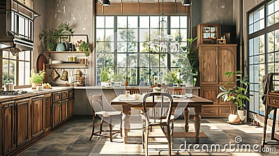 Inviting and cozy rustic french country kitchen with wooden furniture and natural light Stock Photo
