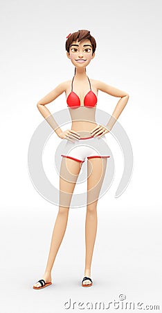 Inviting and Happy Jenny - 3D Cartoon Female Character Model - Smiling and Kind In Relaxed Manner Stock Photo