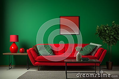 Inviting Home interior red sofa green wall. Generate Ai Stock Photo