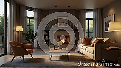 Inviting living room with a comfortable reading nook and warm ambiance Stock Photo