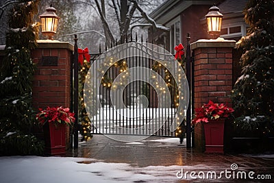 inviting open gate of a house lit with holiday decorations Stock Photo